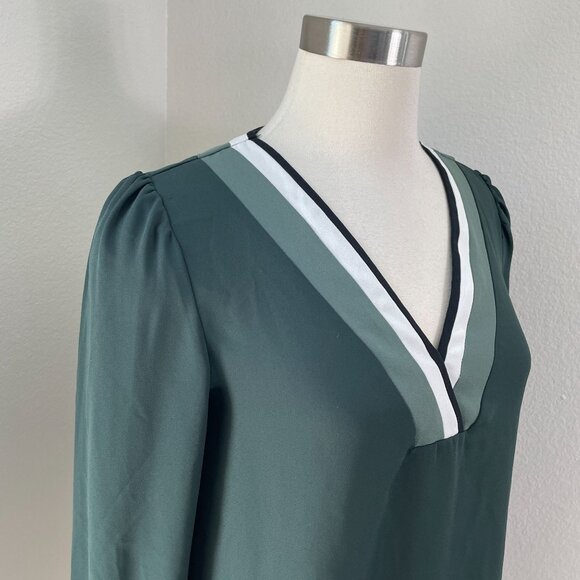 Express Womens Small V Neck Long Sleeve Blouse Green Shirt Preppy Academia - Picture 2 of 10
